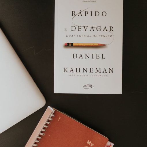flat lay of book and planner on dark desk